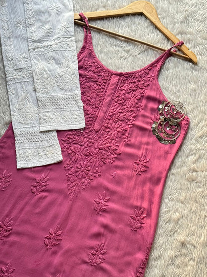 Pink Lucknowi Chikankari Rayon Noodle Strap Kurti Set
