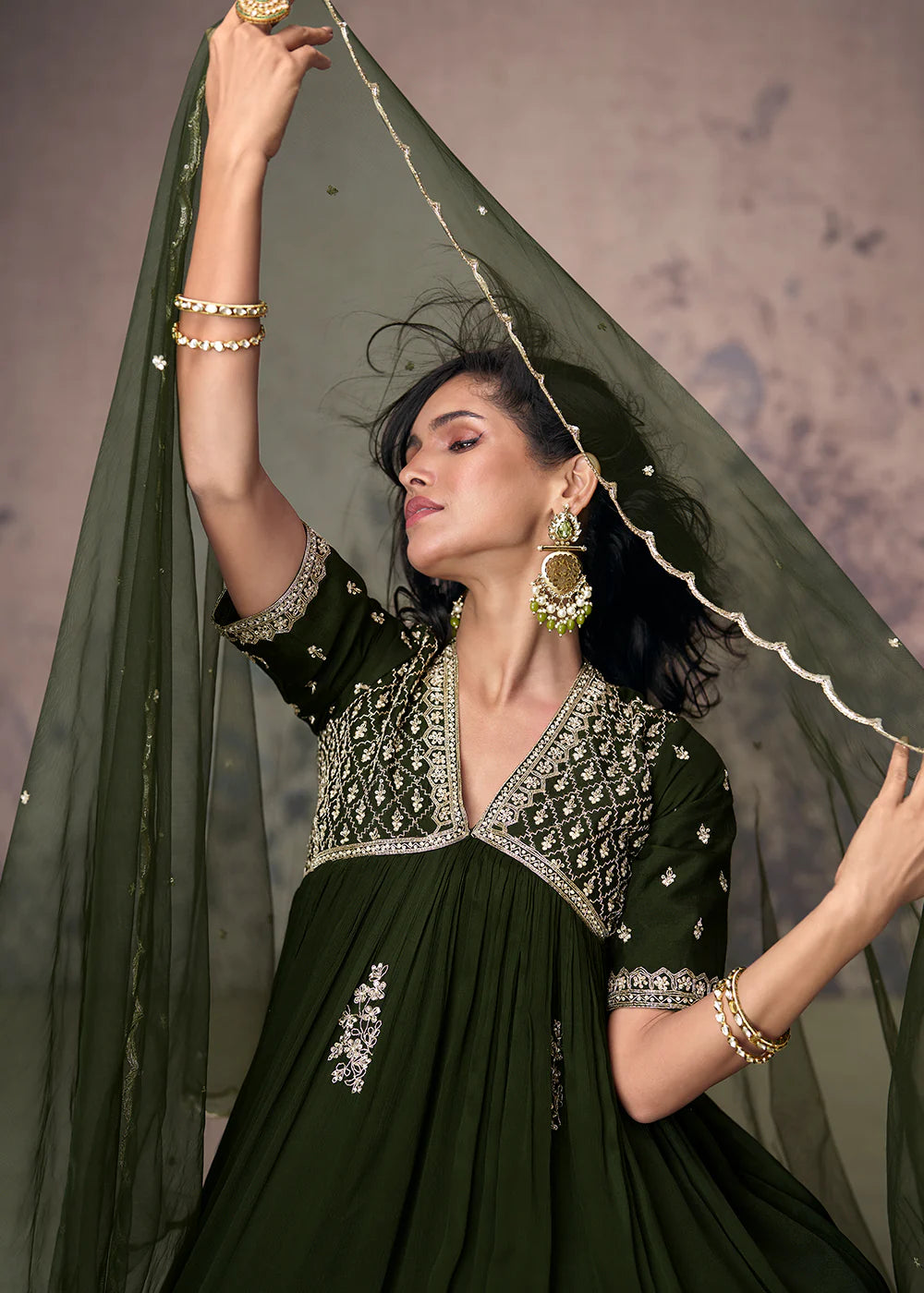 Green Designer Art Silk Embroidered Anarkali Suit – Wedding & Festive Outfit