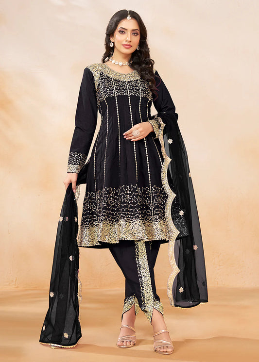 Black Dhoti Style Punjabi Salwar Suit with Zari & Sequins Embroidery