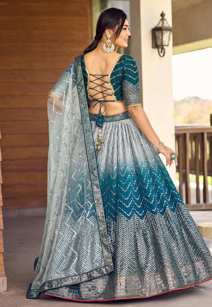 Blue Ombre Glitter Sequins Lehenga Choli Set with Embroidered Net Dupatta