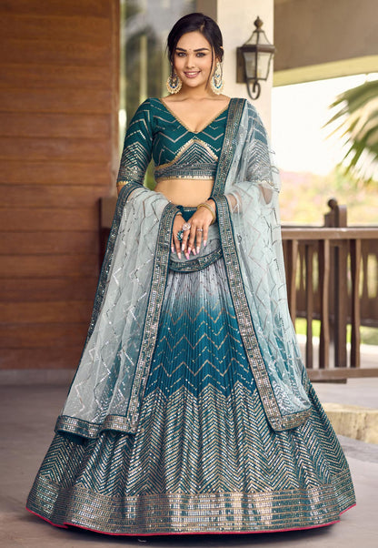 Blue Ombre Glitter Sequins Lehenga Choli Set with Embroidered Net Dupatta