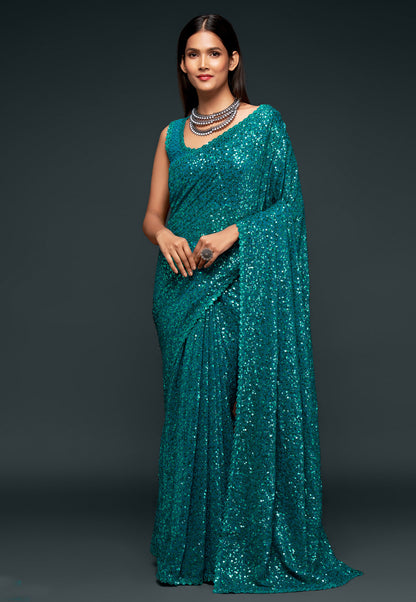 Teal Green Heavy Sequins Work Bridesmaid Saree with Blouse