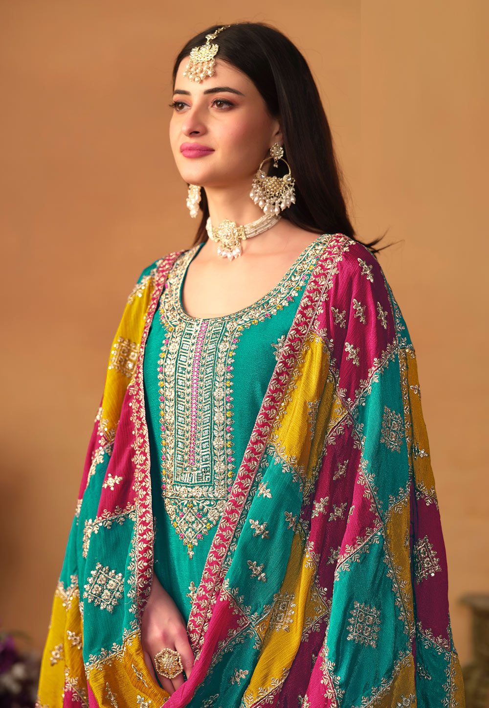 Turquoise Premium Salwar Kameez Suit Set Sequins, Zari, and Embroidery