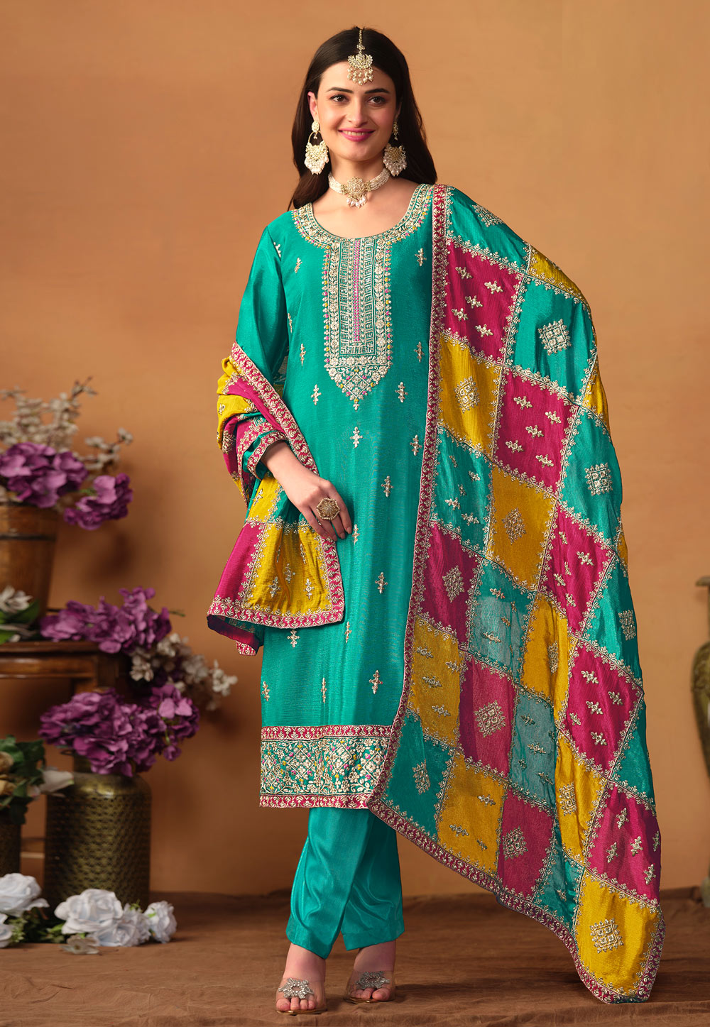 Turquoise Premium Salwar Kameez Suit Set Sequins, Zari, and Embroidery