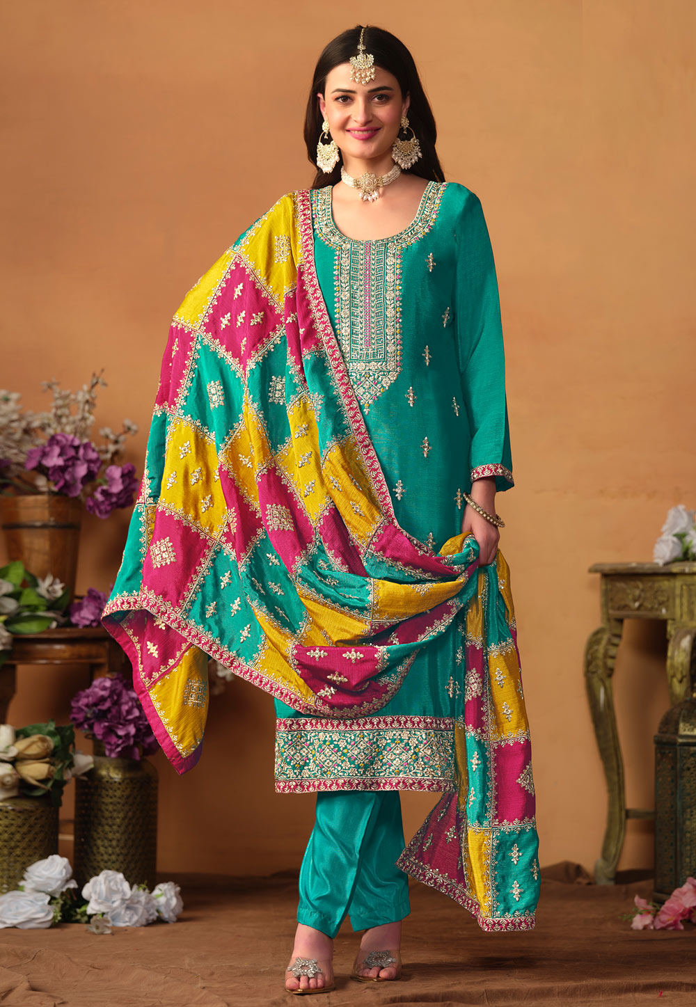 Turquoise Premium Salwar Kameez Suit Set Sequins, Zari, and Embroidery