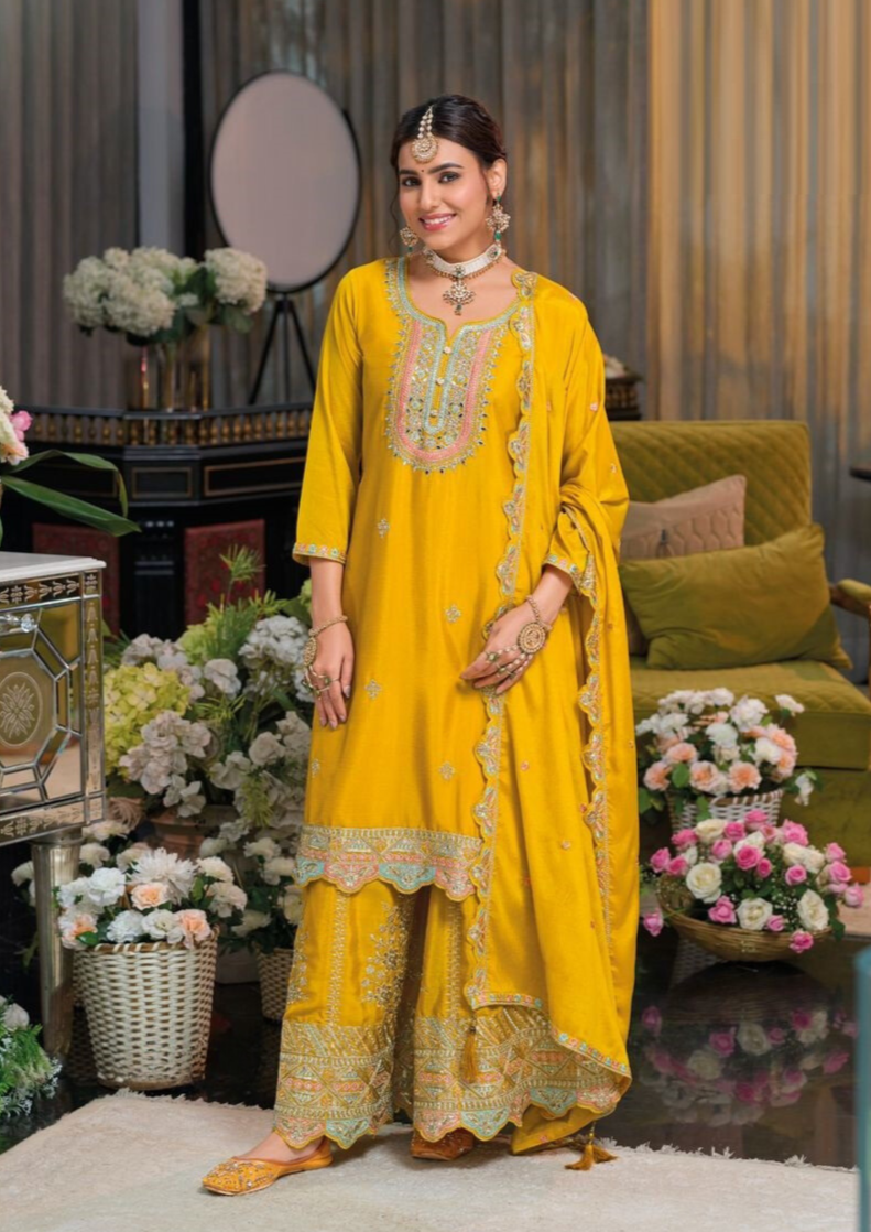 Yellow Premium Punjabi Salwar Kameez Set with Heavy Embroidery and Sequins Work