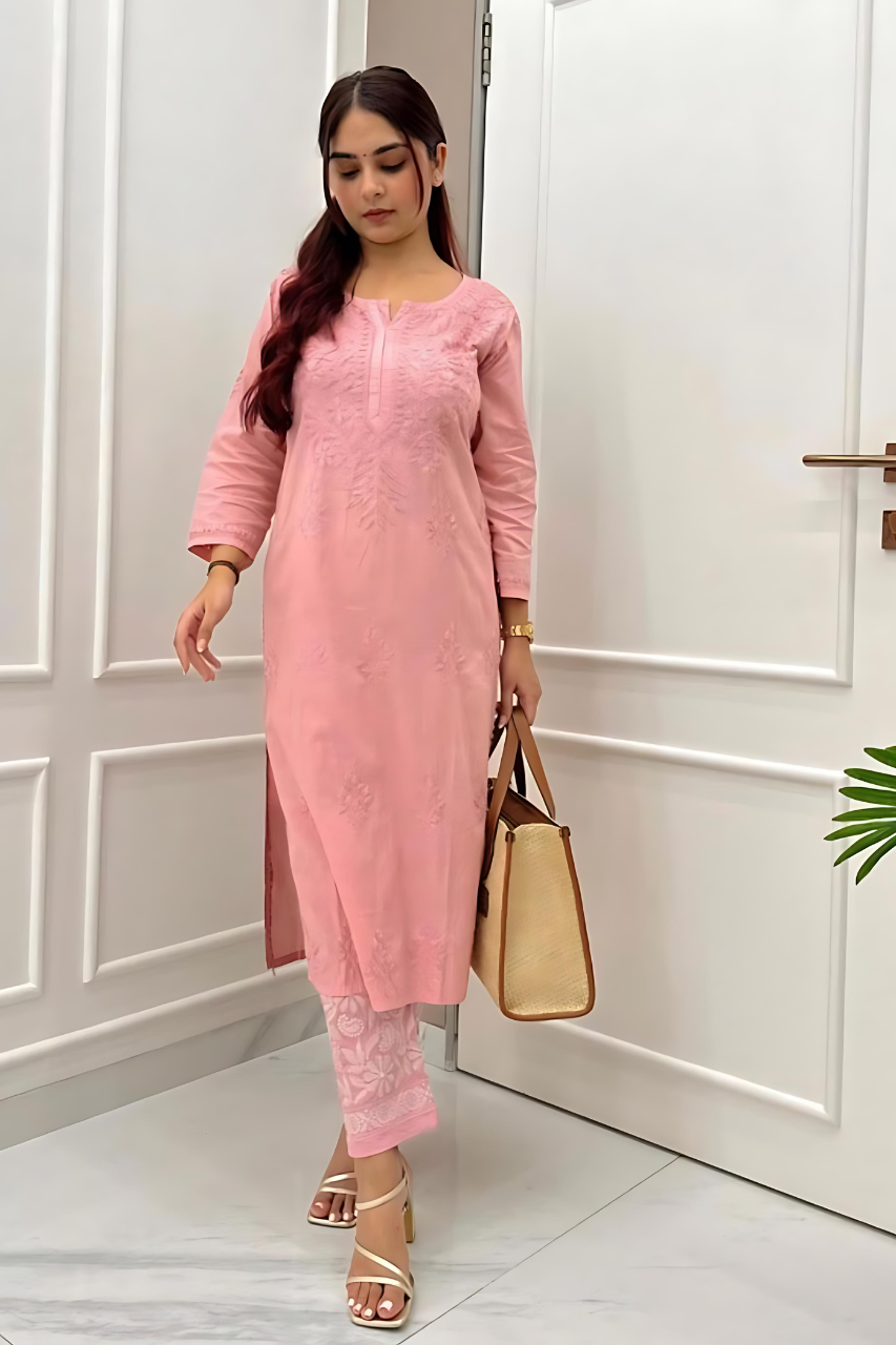 Dusty Rose Cotton Chikankari Hand Work Kurti Suit Salwar Dresses