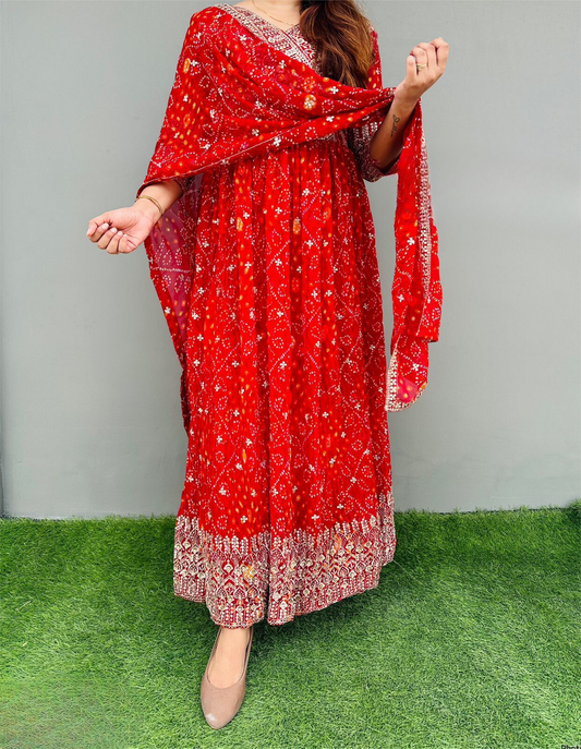 Red Premium Georgette Bandhni Gown with Dupatta – Diwali Special (Limited Stock)