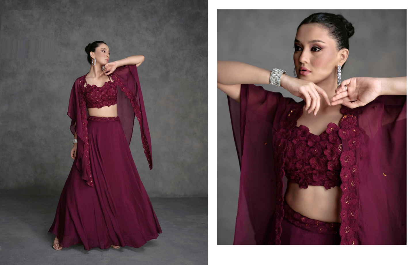 Wine Color Organza Indo Western Lehenga Choli with Floral Embroidered Blouse