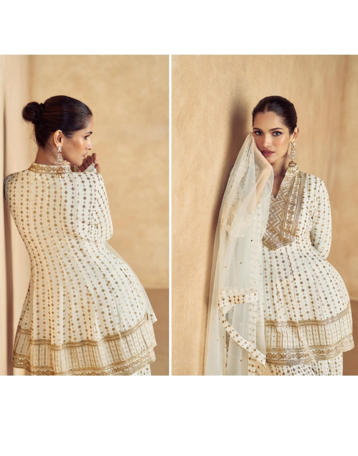 White Premium Party Wear Gharara Bell Sleeves Suit with Dupatta