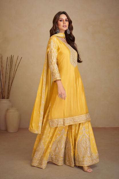 Yellow Punjabi Salwar Kameez Palazzo with Heavy Work