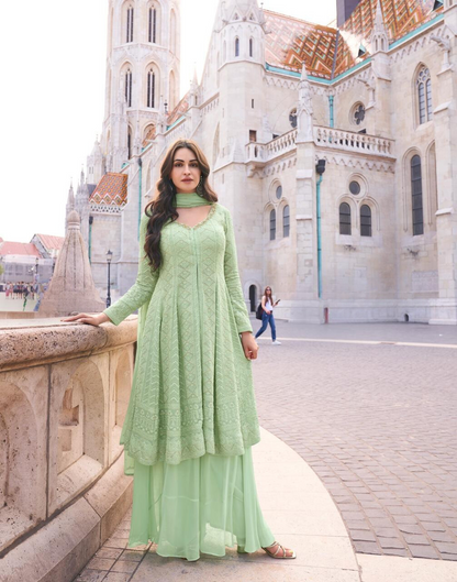 Pastel Green Elegant Front Slit Chikan Work Salwar Kameez Suit with Dupatta