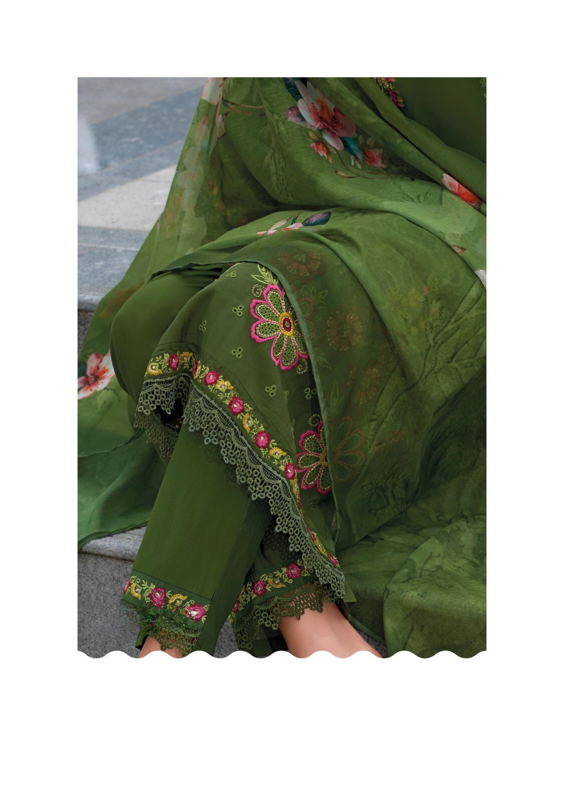 Green Pakistani Style Salwar Kameez Dupatta Set with Organza Dupatta