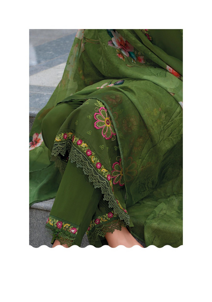 Green Pakistani Style Salwar Kameez Dupatta Set with Organza Dupatta