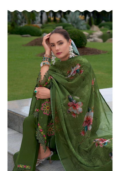 Green Pakistani Style Salwar Kameez Dupatta Set with Organza Dupatta