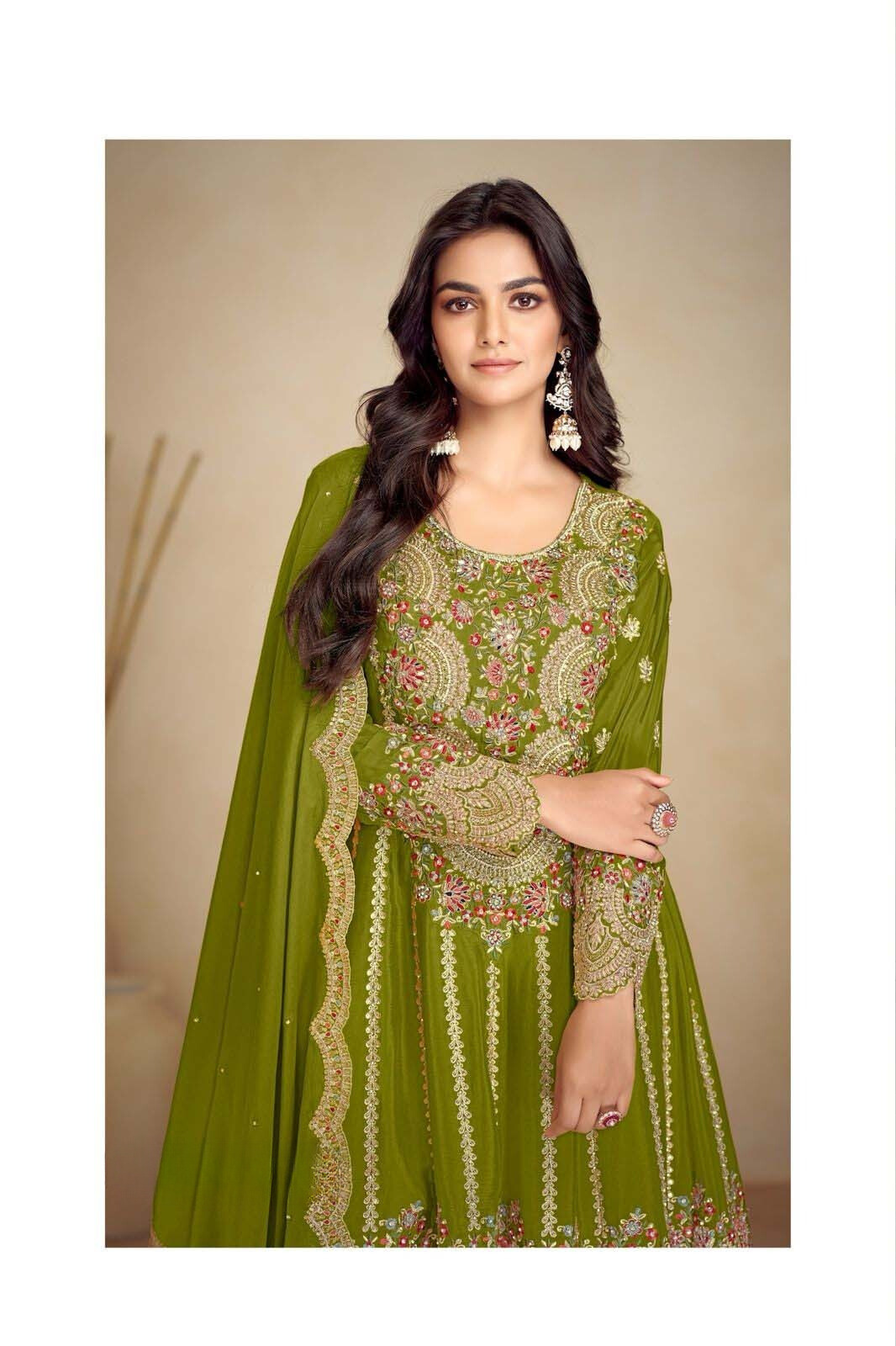 Olive Green Premium Chinon Silk Pakistani Suit Set