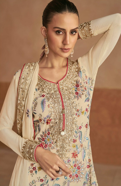 Beige Heavy Embroidered Mirror Work Salwar Kameez Palazzo with Dupatta (Limited Stock)