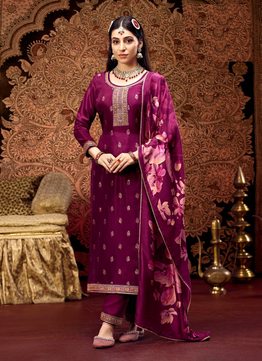 Wine Classic Straight-Cut Salwar Kameez Suit with Dupatta