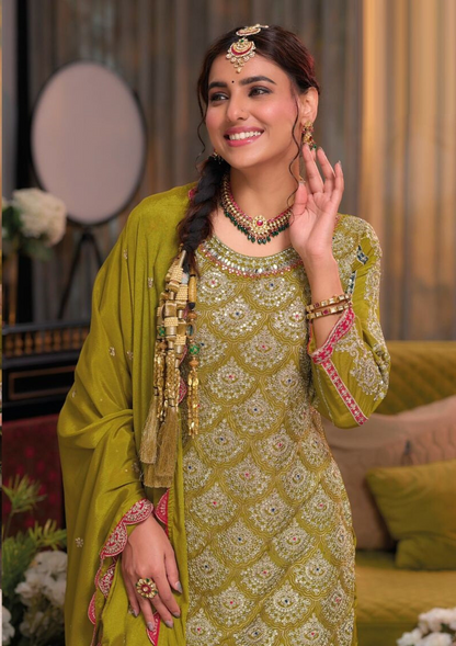 Olive Green Premium Pakistani Style Embroidered Salwar Suit Set