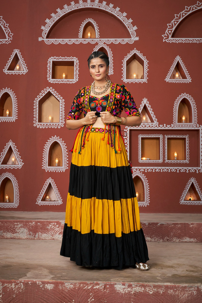 Black and Yellow Garba Chaniya Choli with Gamthi Work Shrug and Wide Flair for Dandiya