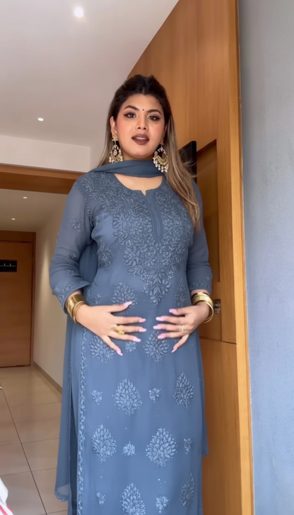 Classic Grey Viscose Chikankari Kurti Set with 3D Handwork Inner included