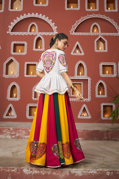 White Multicolor Garba Chaniya Choli with Gamthi Work Shrug and Wide Flair for Dandiya