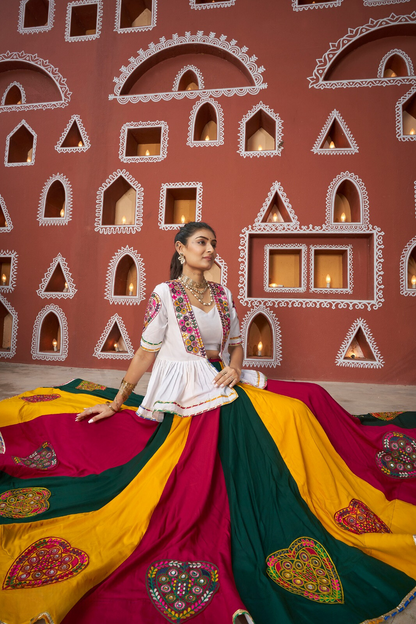 White Multicolor Garba Chaniya Choli with Gamthi Work Shrug and Wide Flair for Dandiya