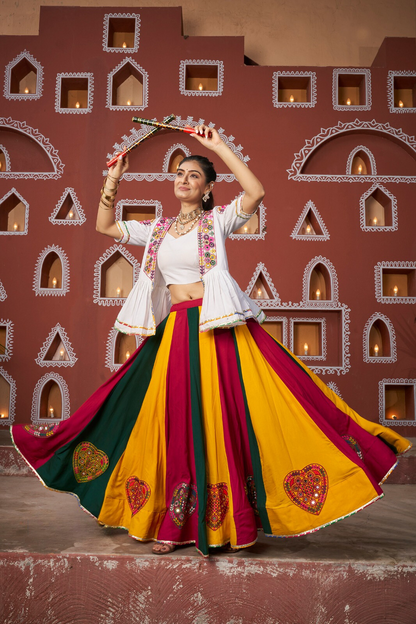 White Multicolor Garba Chaniya Choli with Gamthi Work Shrug and Wide Flair for Dandiya