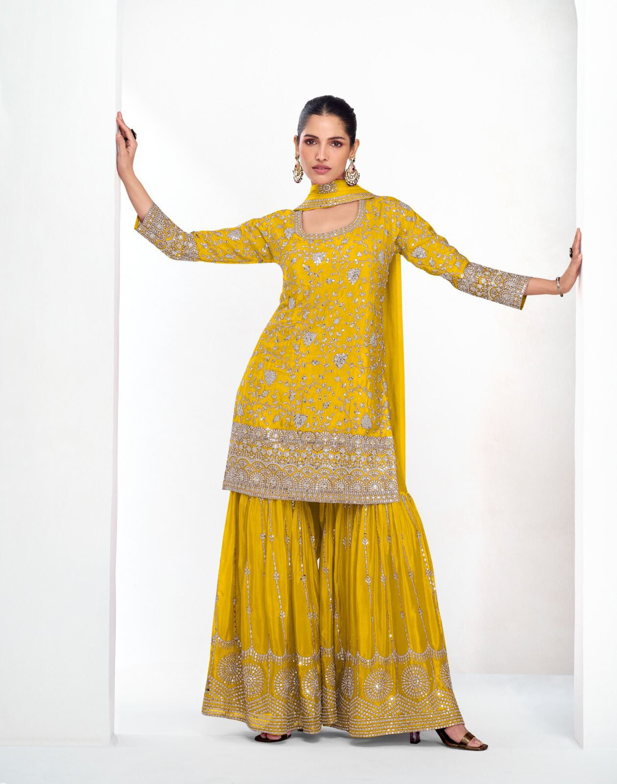 Yellow Premium Chinon Silk Party Wear Kurti Palazzo Dupatta Set