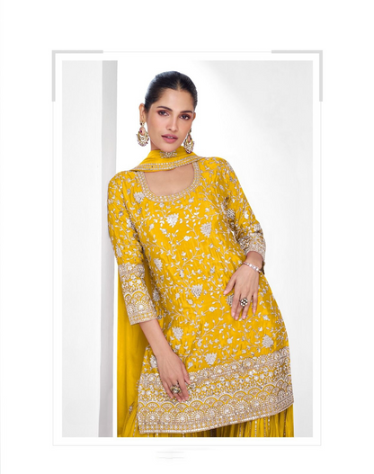 Yellow Premium Chinon Silk Party Wear Kurti Palazzo Dupatta Set