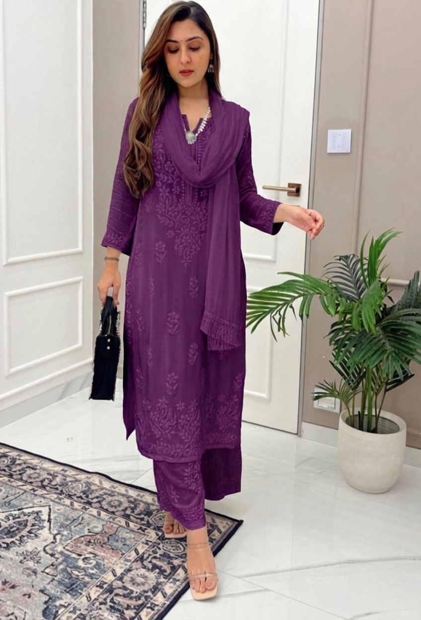 Rich Purple Ethereal Dyeable Modal Chikankari Kurta Set (New)
