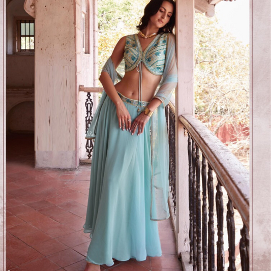 Light Blue Designer Georgette Lehenga Choli with Embroidered Blouse