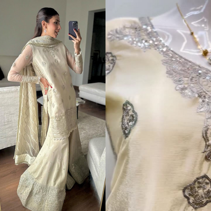 Beige Desirable Fancy Chinon Sequins Embroidered Shalwar Kameez Sharara and Dupatta Eid Dresses 2025