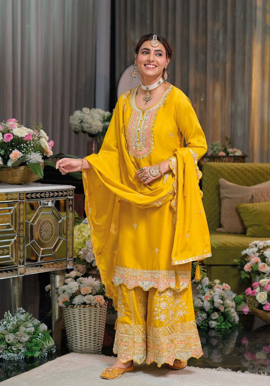 Yellow Premium Punjabi Salwar Kameez Set with Heavy Embroidery and Sequins Work