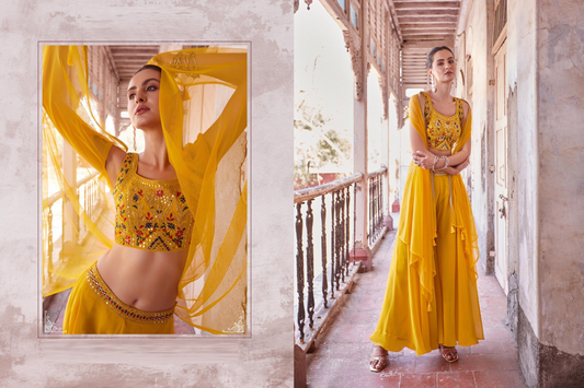 Yellow Designer Indo-Western Lehenga Choli with Embroidered Jacket