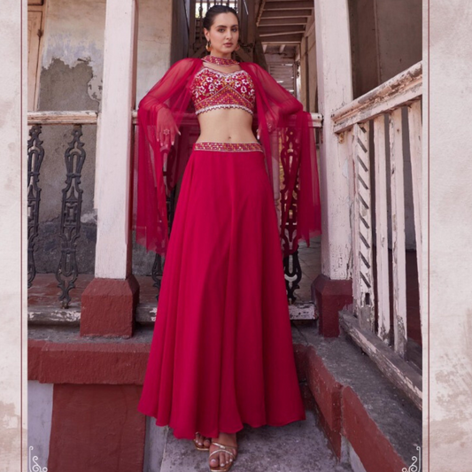 Red Designer Georgette Lehenga Choli with Embroidered Blouse