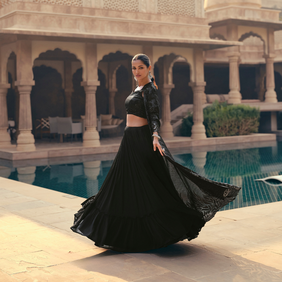 Black Wedding Wear , Bridesmaid Lehenga Choli with Shrug