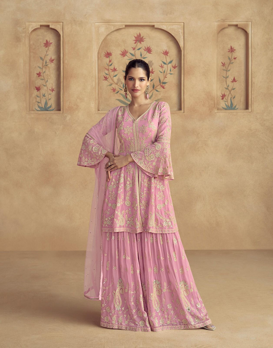 Pink Premium Party Wear Gharara Bell Sleeves Suit with Dupatta