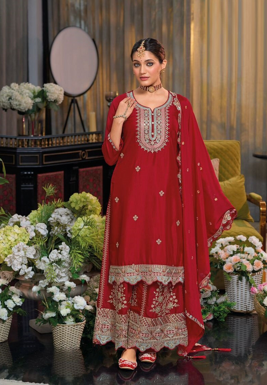 Red Premium Punjabi Salwar Kameez Set with Heavy Embroidery and Sequins Work