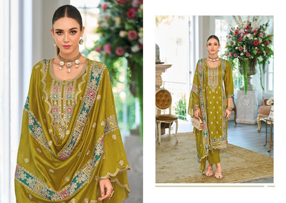 Olive Premium Pakistani Style Silk Salwar Kameez Suit with Embroidery