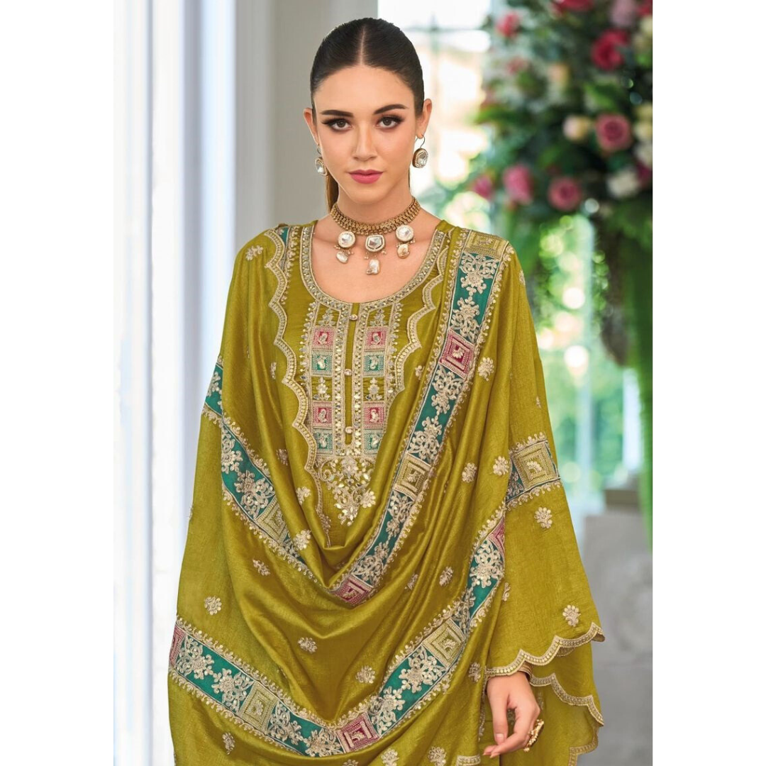 Olive Premium Pakistani Style Silk Salwar Kameez Suit with Embroidery