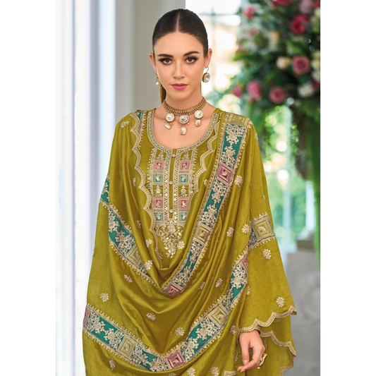 Olive Premium Pakistani Style Silk Salwar Kameez Suit with Embroidery