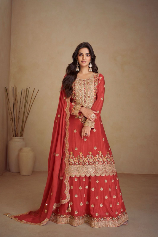 Red Punjabi Salwar Kameez Palazzo with Heavy Work