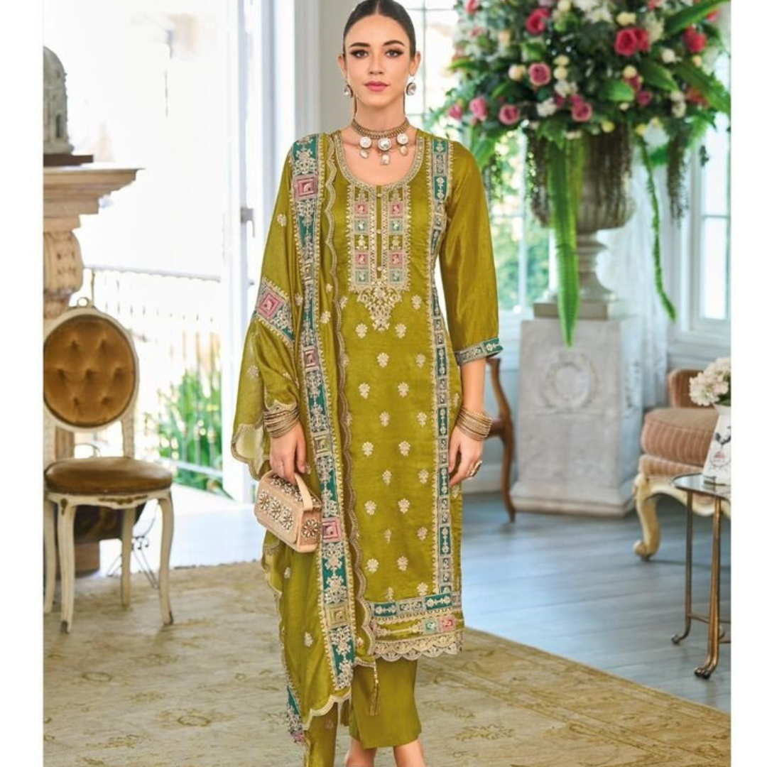 Olive Premium Pakistani Style Silk Salwar Kameez Suit with Embroidery