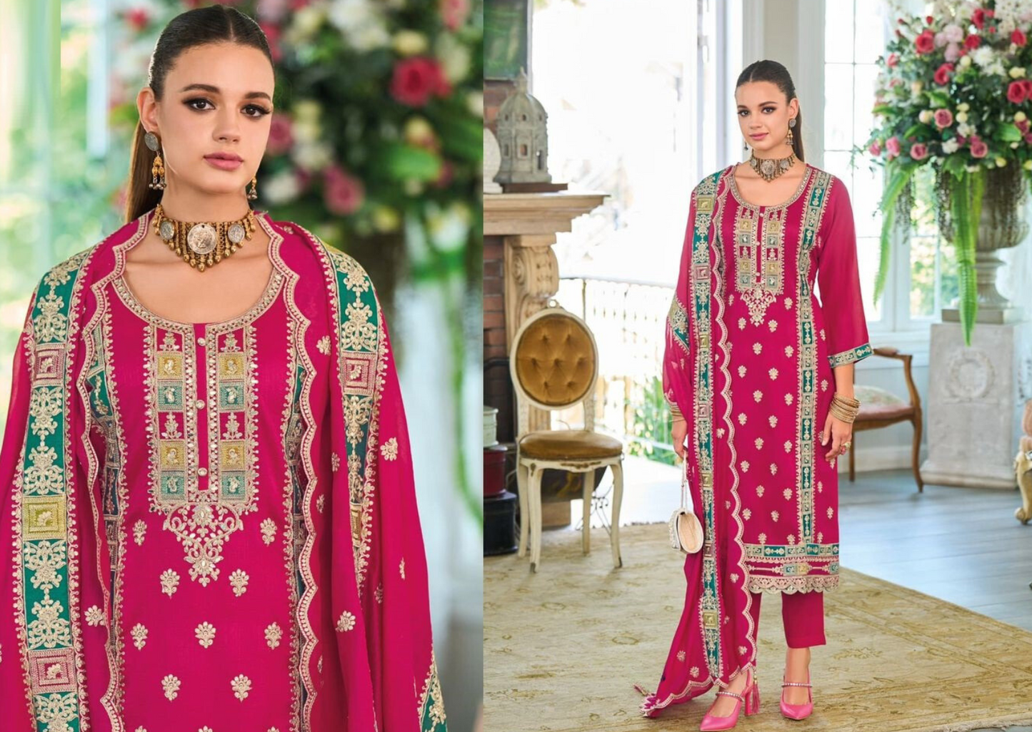 Pink Premium Pakistani Style Silk Salwar Kameez Suit with Embroidery