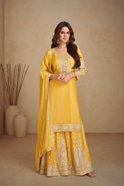 Yellow Punjabi Salwar Kameez Palazzo with Heavy Work