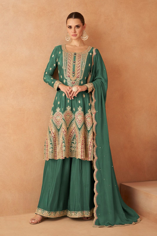 Green Designer Salwar Kameez Palazzo Dupatta Set