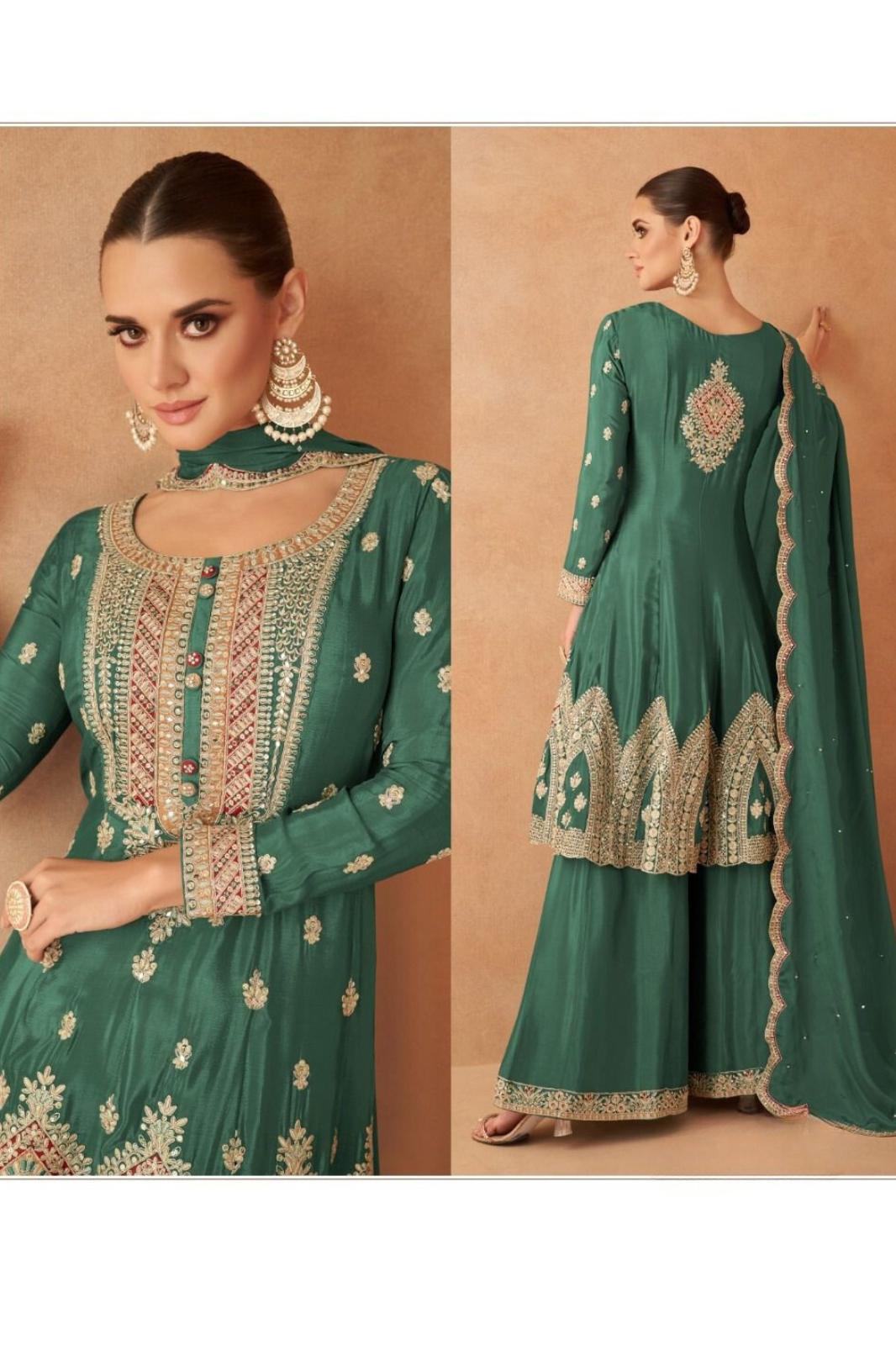 Green Designer Salwar Kameez Palazzo Dupatta Set