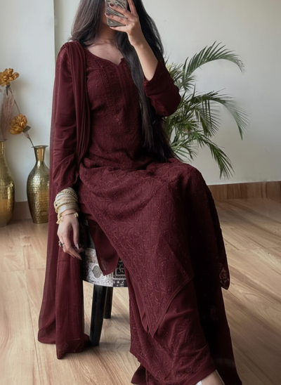 Royal Burgundy Elegant Viscose Lucknow Chikankari Handwork Ensemble (Latest)