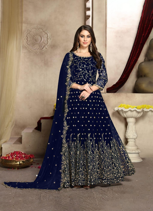 Navy Blue Long Anarkali Suit with Sequins and Embroidery Work